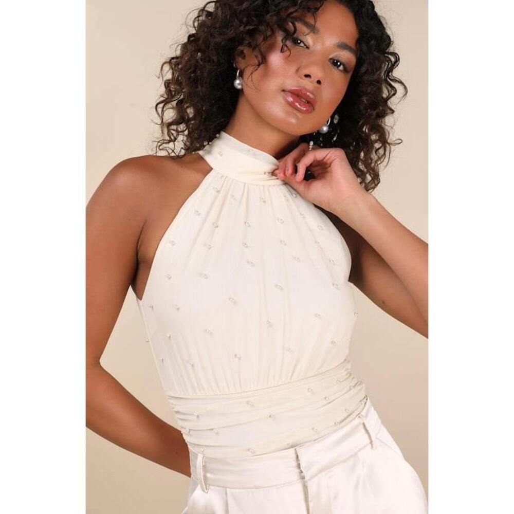 Lulus Pierina Cream Mesh Pearl Mock Neck Bodysuit White - Size XS